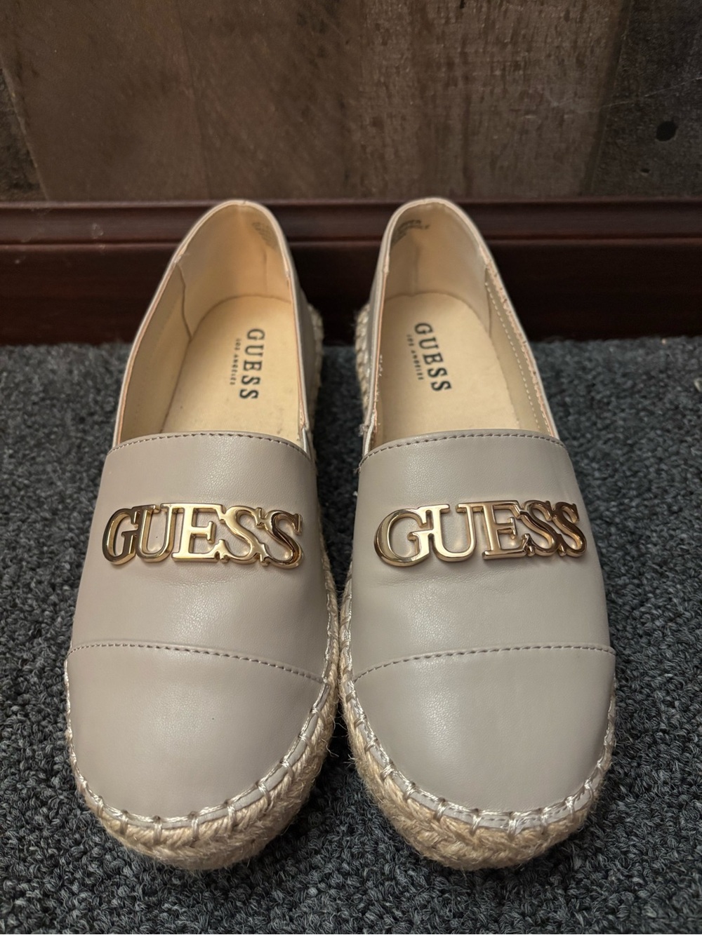 GUESS Taupe Slip-On Espadrilles with Gold Logo
